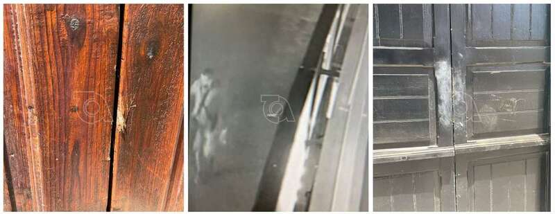 Las puertas de la iglesia (i) y del un negocio (d) con signos de haber sido apalancadas y el supuesto ladrón, en una imagen grabada por cámaras de seguridad/TA.